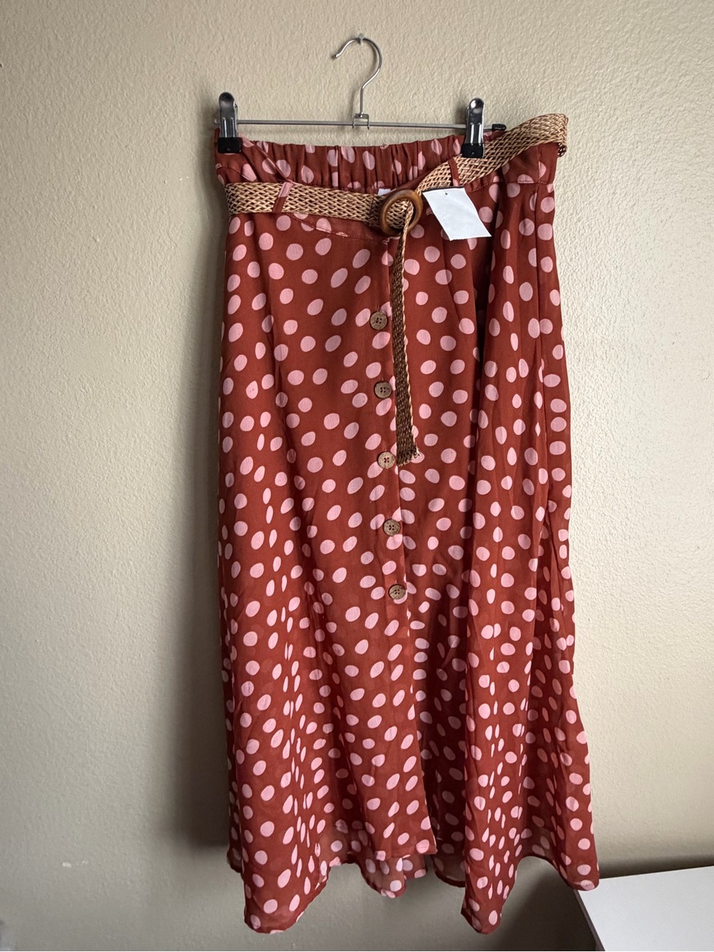Polka Dot Button-Front Midi Skirt in Rust with Pink Dots